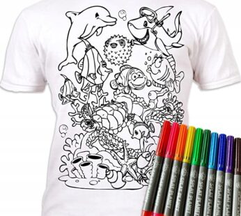PODWODNY ŚWIAT 5-6 lat KOSZULKA DO MALOWANIA T-shirt +10 zmywalne markery Sea Life 5-6