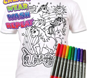 JEDNOROŻCE 3-4 lata Koszulka do malowania T-shirt +10 zmywalne markery Unicorns age 3-4