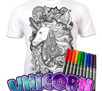 JEDNOROŻEC MANDALA 7-8 lat  KOSZULKA DO MALOWANIA T-shirt+ 10 zmywalne markery Unicorn Mandala age 7-8